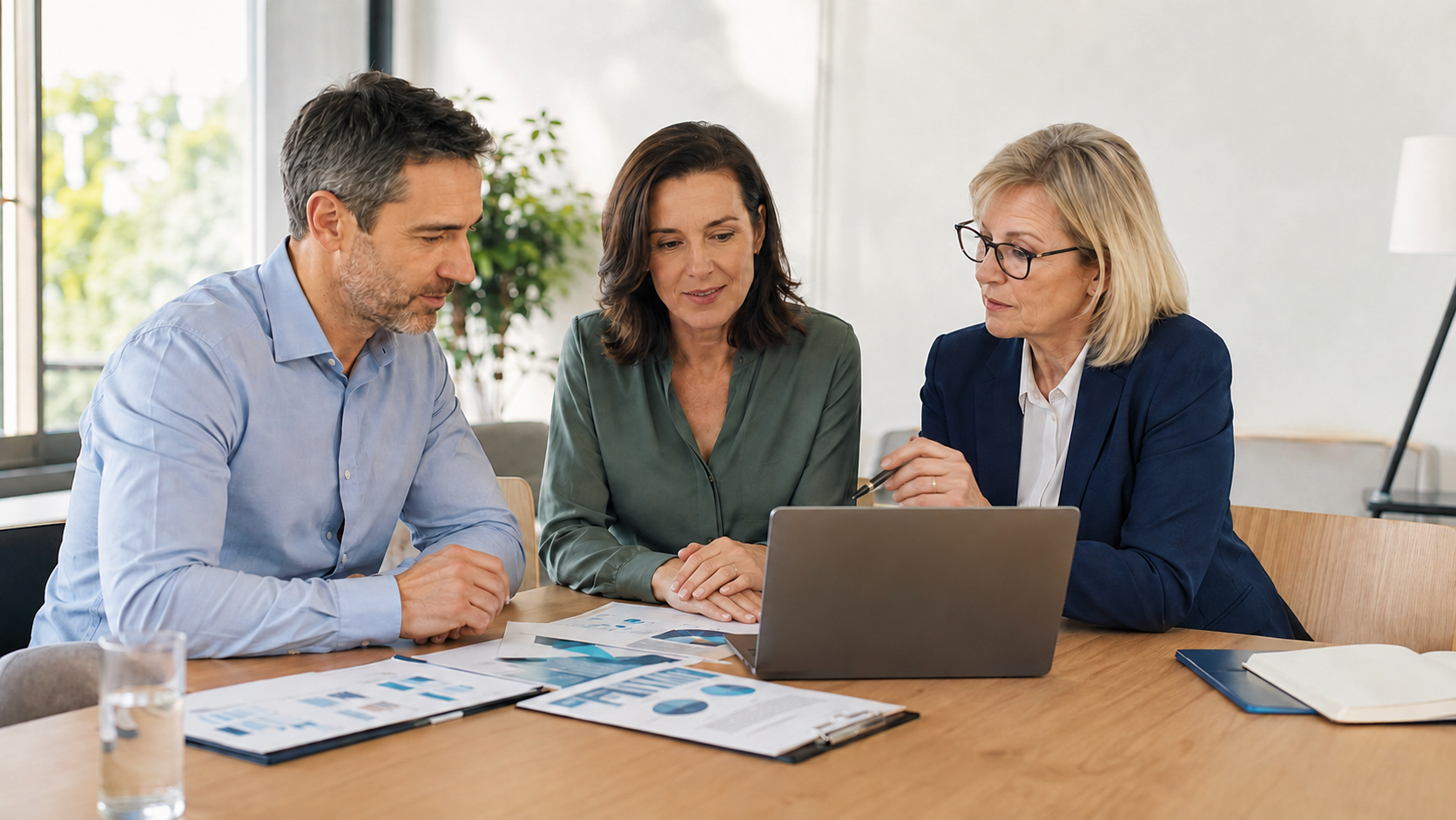 Equipo directivo y asesor financiero revisando datos para una reestructuración empresarial